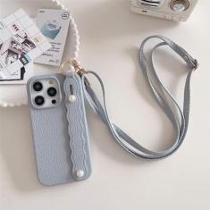 Imagem de Capa de telefone com alça de pulso de couro crossbody para iphone 15 14 plus 13 12 11 pro max capa de outono, azul cinza, para iphone 14pro max