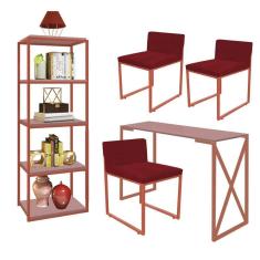Imagem de Kit Escritório Bex 3 Cadeiras Suede Vermelho com 1 Mesa e 1 Livreiro Ferro Bronze MDF Rose Rosa - Ahazzo Móveis