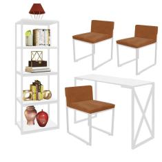 Imagem de Kit Escritório Bex 3 Cadeiras Suede Terracota com 1 Mesa e 1 Livreiro Ferro Branco MDF Branco - Ahazzo Móveis