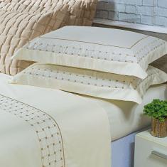 Imagem de Jogo Cama Lençol Garland Queen Bordado 100% Algodão Acetinado 400 Fios 4 Peças - Bege
