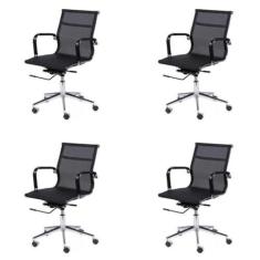 Imagem de Kit 4 Cadeiras Escritório Baixa em Tela Mesh com Rodízios 3303 Preto