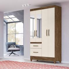 Imagem de Guarda Roupa Com Espelho Solteiro 4 Portas 2 Gavetas Castanho Off Whit