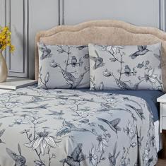 Imagem de Jogo De Cama Lençol Beija-flor Azul-cinza Casal Padrão 04 Peças Estampado Percal 300 Fios Acetinado