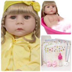 Imagem de Boneca Reborn Recém Nascida Loira 46cm Enxoval 13 Itens - Cegonha Rebo