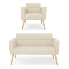 Imagem de Kit 1 Sofá Namoradeira e 1 Poltrona Elisa Linho Pés Palito Natural - D`Rossi