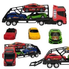 Imagem de Caminhão Cegonha Grande Com 03 Carrinhos Cabine Vermelha - Bs Toys