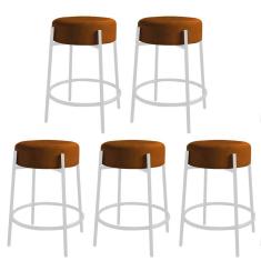 Imagem de Kit 05 Banquetas Alta Sintra 65cm Redonda Ferro Branco Suede Terracota - Ahazzo Móveis