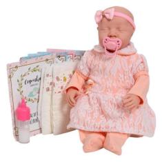Imagem de Boneca Reborn Realista Carequinha Olho Fechado Renda Salmão - Cegonha