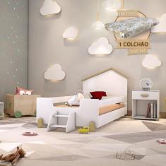Imagem de Cama de Criança Infantil Montessoriana com Colchão e Escadinha Juvenil Ayla - Branca e Natural