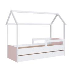 Imagem de Cama Infantil Montessoriana Casinha com Auxiliar Completa Móveis Branca e Rosa