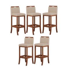 Imagem de Kit 5 Banquetas Alta Encosto Estofado 38x102 Cm Turim Madeira Maciça Pinhão Suede Bege ccs