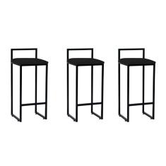 Imagem de Kit 3 Banquetas Altas Industriais Em Aço Dori Preto Assento Suede Preto - Preto