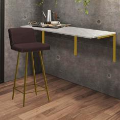 Imagem de Kit Mesa Suspensa de Parede Fixa MDF Marmorizado + 1 Banqueta Lexi Ferro Dourado Sintético Marrom - Ahazzo Móveis