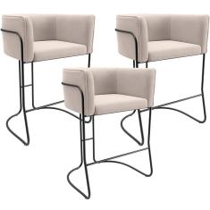 Imagem de Kit 03 Banquetas Baixa Base De Aço Preto Betina D02 Suede Bege C-309 - Lyam Decor