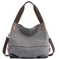 Imagem de Feipone Bolsa de lona feminina casual de ombro para senhora Hobo bolsa de mão de pano para escritório, compras, férias, viagens, Cinza, Large