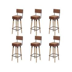 Imagem de Kit 6 Banquetas Banco Alto Barcelona Couro Café Bar Cozinha Pés Madeir