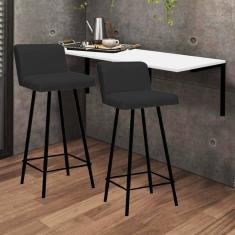 Imagem de Kit Mesa Suspensa de Parede Fixa MDF Branco + 2 Banquetas Lexi Ferro Preto Sintético Preto - Ahazzo Móveis