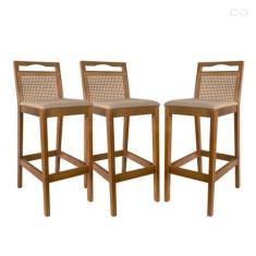 Imagem de Kit 3 Banquetas para Bancada Alta Estofada Valência Rattan em Madeira Amêndoa Linho Bege CCS