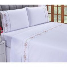 Imagem de Jogo Lençol Fluence Quarto Casal Queen Bordado 4 Peças 2fronha Cor: Branco Com Caqui