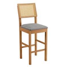 Imagem de Banqueta Jade 03 Madeira Maciça Jcm Encosto Rattan E Linho Cinza