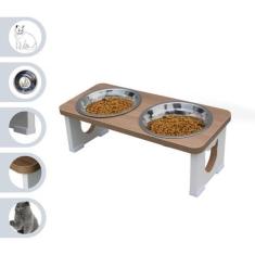 Imagem de Comedouro Bebedouro Gato Elevado Pet Duplo Mdf - Inox - Maderacco