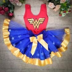 Imagem de Conjunto Fantasia Infantil Body Saia Tule Mulher Maravilha Vermelho - 