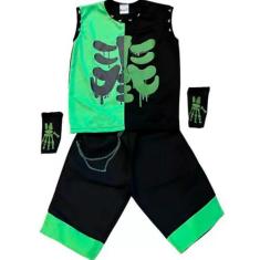 Imagem de Fantasia Infantil Halloween pra Menino Estiloso Roupa Caveira Verde e 