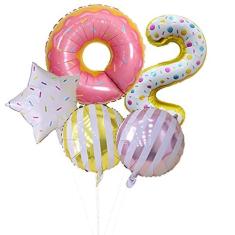 Imagem de SOIMISS 5 balões de festa de aniversário, filme de alumínio, balões de aniversário, desenho de rosquinhas coloridos, conjunto de balões de decoração de festa