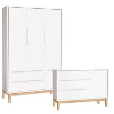 Imagem de Cômoda Com Porta E Guarda Roupa Infantil 3 Portas New Classic Branco Com Pés Madeira Natural - Reller