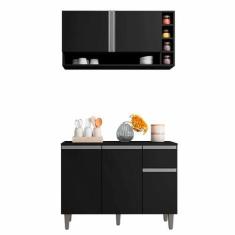 Imagem de Balcão De Pia E Aéreo Cozinha Vanessa 105cm Preto Sem Tampo Ajl Móveis