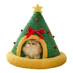 Imagem de Cama de gato de Natal,Cama de cachorro Natal | Casinha de cachorro de Natal para o inverno | Ninho de gato de Natal, esconderijo de gato, cama de barraca de cachorro com almofada removível para cachor