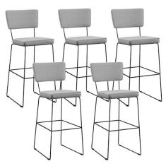 Imagem de Kit 05 Banquetas Alta Para Cozinha Sala De Jantar Base Aço Fixa Allana L02 Linho Cinza - Lyam Decor