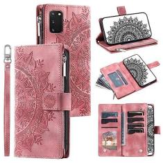 Imagem de Capa tipo carteira compatível com Samsung Galaxy S20 com compartimento para cartão, capa de couro com zíper, capa flip com fecho magnético capa de couro floral em relevo com alça transversal removível