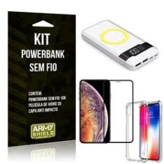 Imagem de Kit Powerbank Sem Fio 10.000mAh iPhone XS Max + Capa Anti Impacto + Película Vidro 3D - Armyshield