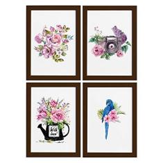 Imagem de Quadros para Sala Flores Aquarela Moldura Marrom 22x32cm 4un