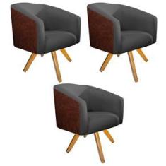 Imagem de kit 03 Poltronas Luiza Base Giratória de Madeira Corano Nozes e Linho Chumbo - Amarena Móveis