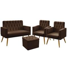 Imagem de Kit Poltrona Namoradeira e 2 Poltronas Decorativas Vega Rodapé com Puff Quasar e Botões Couro Artificial Marrom Aradecor