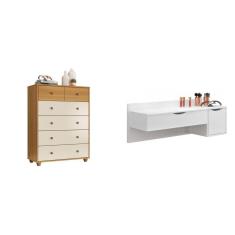 Imagem de Conjunto Quarto de Solteiro Penteadeira Camarim com Espelho e Cômoda 06 Gavetas Espresso Móveis Carvalho Grife/Off White/Branco Fosco