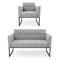 Imagem de Kit 1 Sofá Namoradeira E 1 Poltrona Elisa Suede Base Metálica Industrial Preto - D`rossi Cor Cinza