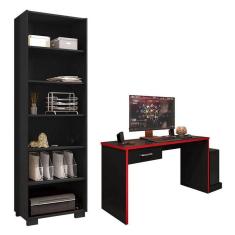 Imagem de Mesa Para Computador Gamer Drx 9000 E Livreiro Office Preto Trama Vermelho - Móveis Leão