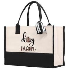 Imagem de VANESSA ROSELLA Bolsa de lona de algodão Mom New Mama Gift Best Mom Ever Bag Dog Mom Tote Shopping, Natural e preto, Large