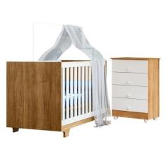 Imagem de Quarto de Bebê com Berço Mini Cama 100% Mdf Life e Cômoda de Bebê 100% Mdf 4 Gavetas Soft Life Branco/madeirado Ypê