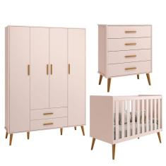 Imagem de Quarto Isis Berço Americano 2 em 1 + Comoda Gaveteiro + Guarda Roupa Isis Retrô 4 Portas 2 Gavetas Rosa Fosco - Reller