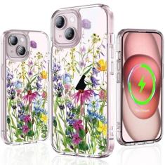 Imagem de YNSZAS Capa para iPhone 15 Plus, compatível com MagSafe, capa de telefone fofa com flores coloridas exclusivas, policarbonato rígido + TPU à prova de choque, capa protetora floral retrô feminina para