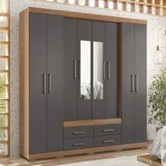 Imagem de Guarda Roupa Casal 8 Portas 4 Gavetas com Pés e Espelhos Nápoles Jatobá/grafite