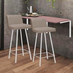 Imagem de Kit Mesa Suspensa de Parede Fixa MDF Rosa + 2 Banquetas Lexi Ferro Branco Sintético Bege - Ahazzo Móveis