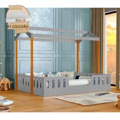 Imagem de Cama Infantil Com Colchão Casal Casinha Segura Montessoriana Ágatha Cinza E Castanho Claro