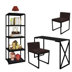 Imagem de Kit Escritório Bex 2 Cadeiras Suede Marrom com 1 Mesa e 1 Livreiro Ferro Preto MDF Preto - Ahazzo Móveis
