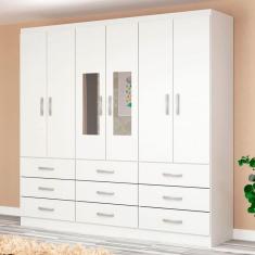 Imagem de Guarda-Roupa Solteiro 6 Portas 9 Gavetas com Espelho Branco - Evidencia Móveis
