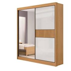 Imagem de Guarda Roupa 2 Portas De Correr Com Espelho E Ripado 3 Gavetas Atenas D`doro Cinamono Off White